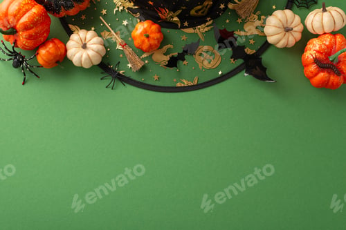 Preview: Happy Halloween night celebration concept. Top view photo of witch hat, pumpkins