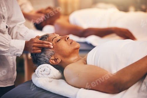 Preview: Senior woman, head massage and spa for luxury cosmetic beauty treatment, wellness and stress relief