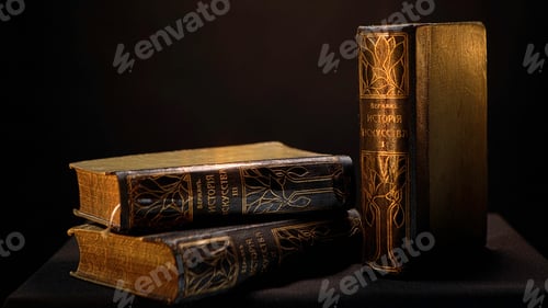 Preview: Vintage books with dark leather binding and patterns on isolated background. Stock footage. Old book