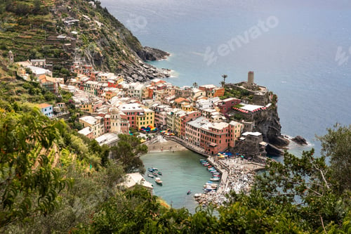 Preview: Close aerial view of Vernazza village along trekking trail from Monterroso, one of the five villages