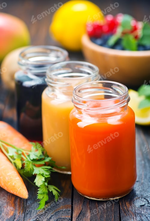 Healthy Colorful Juices and Fresh Ingredients Still Life