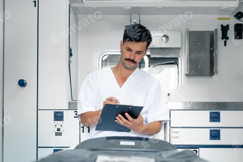Preview: on the street in an ambulance young guy doctor checks the equipment and all the necessary
