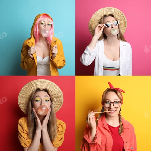 Preview: Collage with photos of woman with bubblegum on color backgrounds