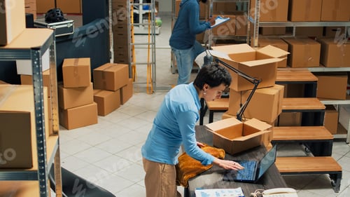 Preview: Female startup owner planning order shipping with package