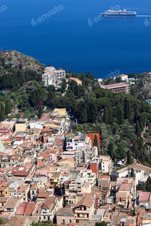 Preview: View from the hill over Taormina and the sea.