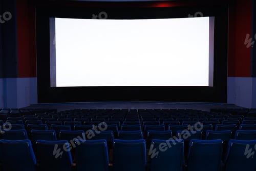 Preview: Empty cinema with large screen and comfortable chairs. Space for text