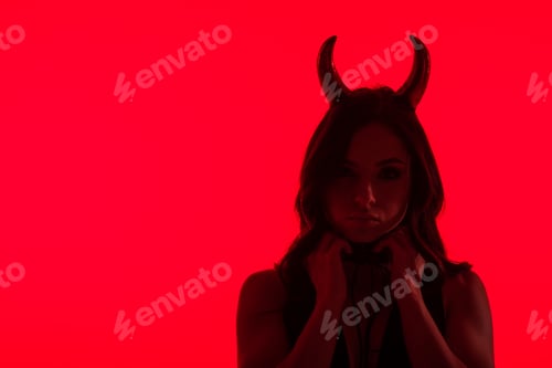 Preview: silhouette of seductive woman in Devil costume, isolated on red