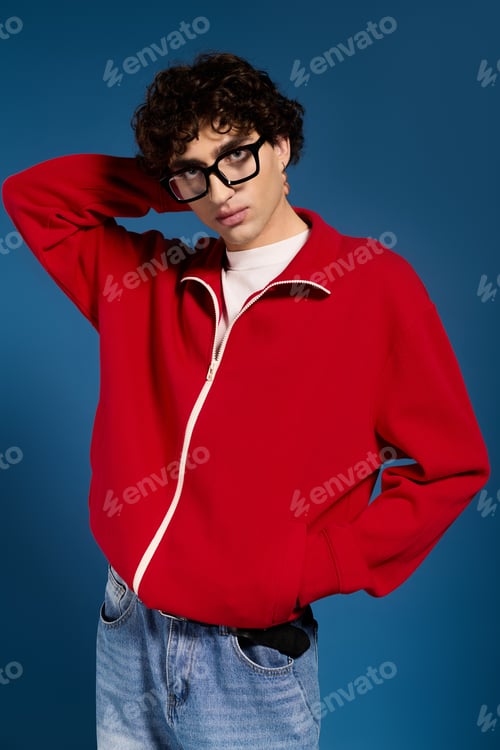 Preview: Stylish young man poses confidently in a dynamic setting with a bold color backdrop