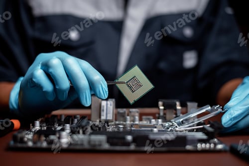 Preview: Technician under fixed and repairing computer process CPU chip for analysis and maintenance on compu