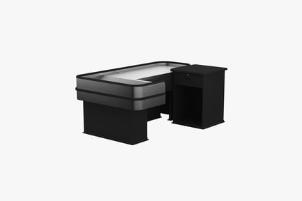 Preview: Black reception desk with curved element and adjacent cabinet