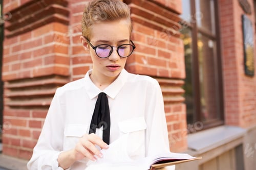 Preview: female student wearing short haired glasses near brick building on street and white shirt tie