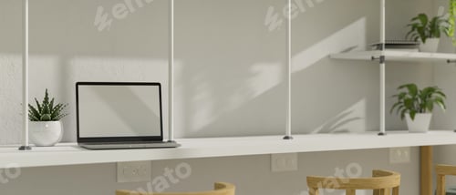 Preview: Modern minimal white co-working space interior design with laptop mockup and decor plants