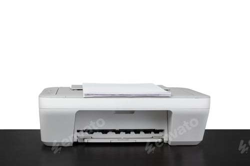 Preview: Laser home printer on table against white backgorund