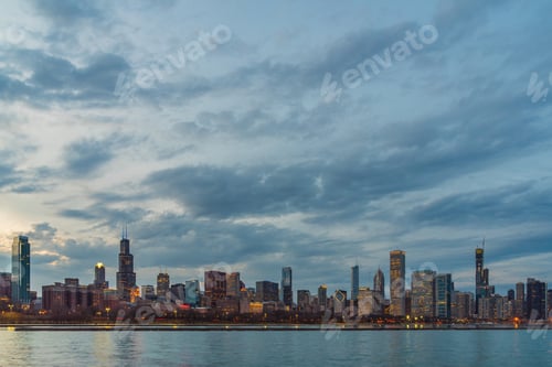 Preview: Scene of Chicago Cityscape river side along Lake Michigan at beautiful twilight time, Illinois,