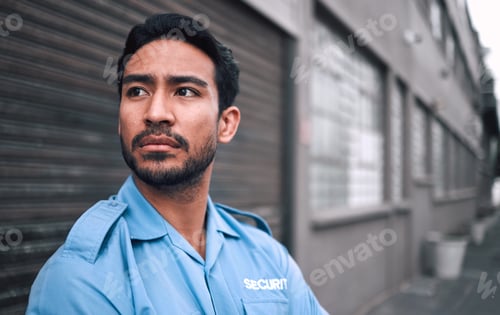 Preview: Serious, security guard or safety officer man on the street for protection, patrol or watch. Law en