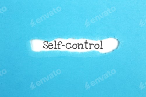 Preview: a torn paper written with inscription self-control on a blue background