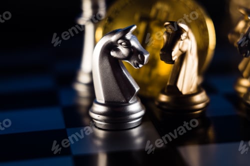 Preview: Closeup shot of crypto coin with chessmen on a chessboard- introducing investments strategies