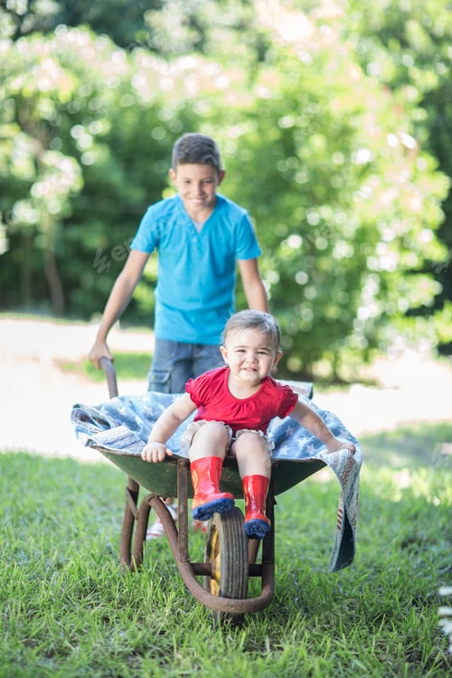 Preview: Young boy pushing sister in wheelbarrow