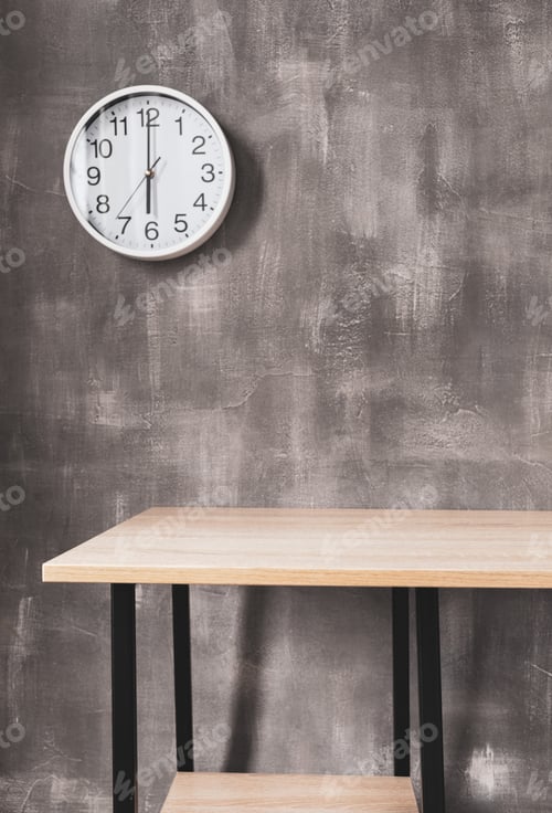 Preview: wooden table and wall clock near wall