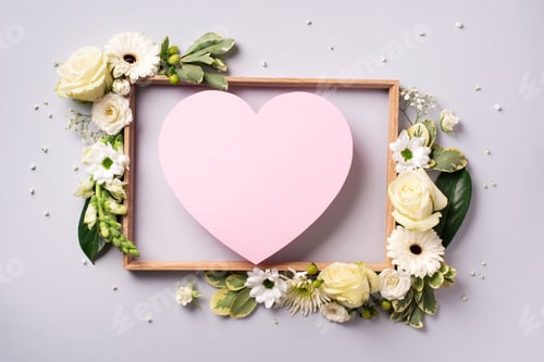 Preview: Creative layout with pink flowers, paper heart over grey background. Top view, flat lay. Spring