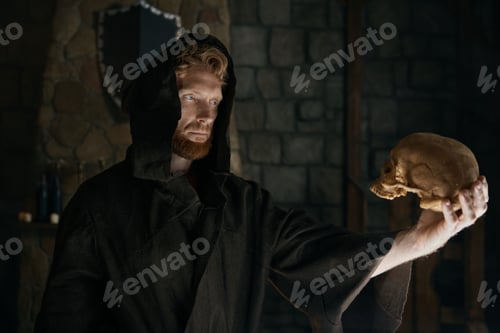 Preview: Serious medieval monk in hooded cloak looking at human skull