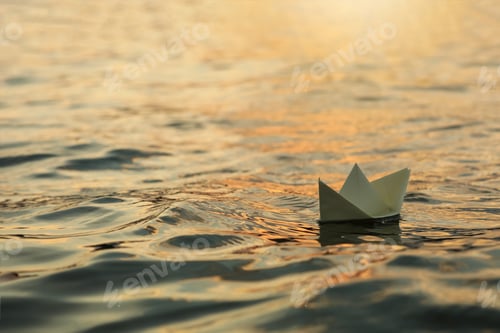 Preview: Paper boat floating on water outdoors. Space for text
