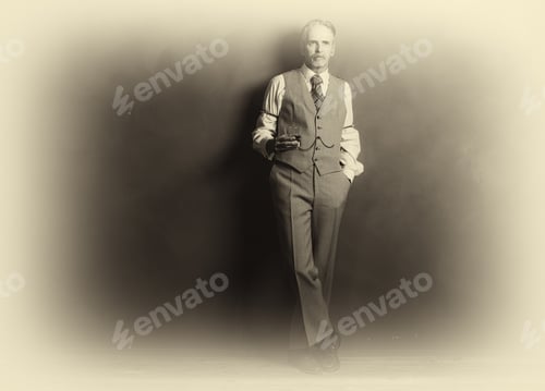 Preview: Antique Plate Photo Of 1920S Businessman With Glass Of Whiskey Leaning Against Wall.