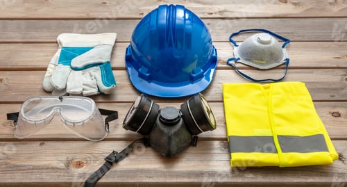 Preview: Work safety protection equipment on wooden background.