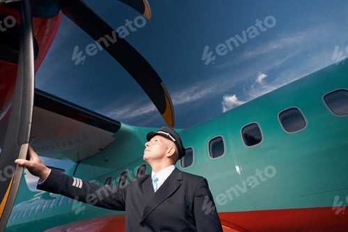 Preview: Aircraft pilot touching blade of plane turbine