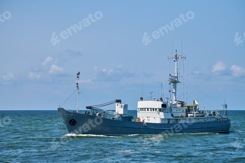Preview: Survey vessel, research vessel patrol boat sailing in bright blue Baltic Sea, navy patrol vessel