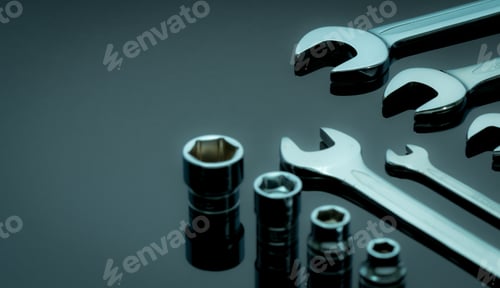 Preview: Set of chrome wrenches or spanners and hexagon socket on dark table in workshop. Chrome vanadium