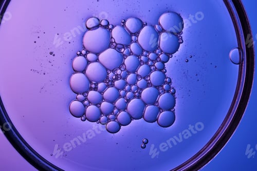 Preview: Serum with bubbles in a petri dish on a purple background.