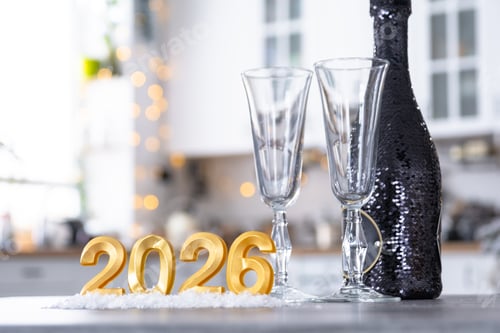 Visualização: Número dourado 2026 com garrafa de espumante e copos na mesa