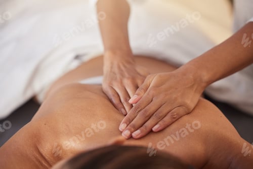 Preview: Woman at spa for massage with therapist and holistic treatment, wellness and self care with aromath