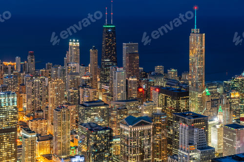 Preview: Aerial view of Chicago cityscape skyscraper under the blue sky at beautiful twilight time