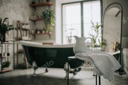 Preview: Luxury interior of eco style modern bathroom with oval bathtub and morning water ceramic pitcher