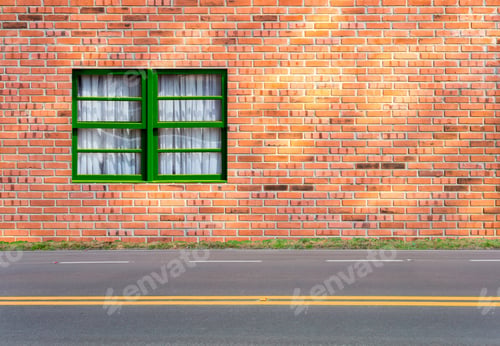 Preview: Background with brick wall and asphalt road.