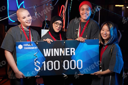 Preview: Group of Young Women Celebrating Victory in Cybersports Tournament