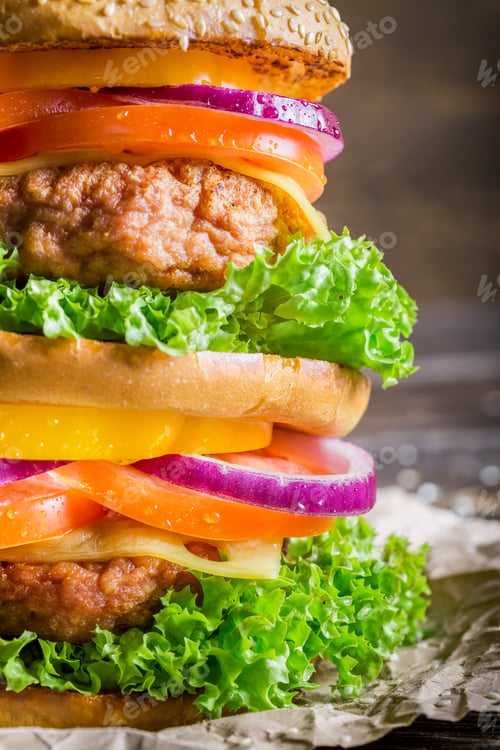 Preview: Closeup of double-decker homemade hamburger