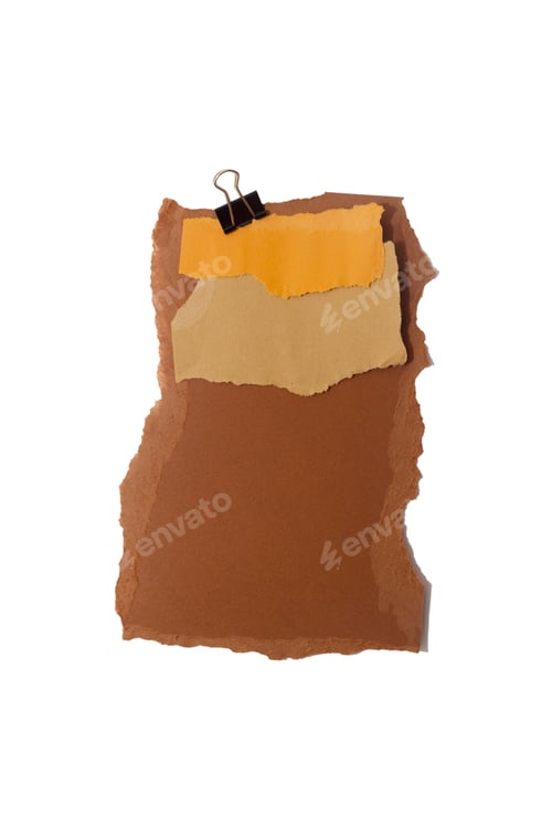 Preview: Torn piece of brown piece of paper with beige tape and black binder isolated on white background