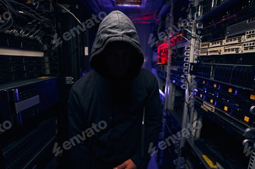 Preview: Male hacker standing in dark server room