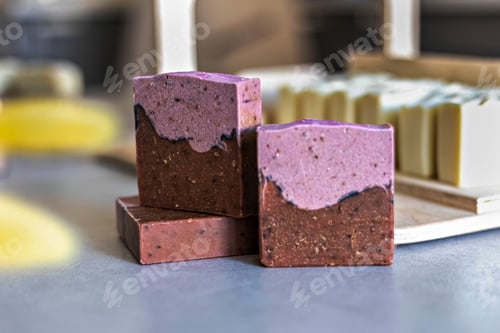 Preview: Layout and packaging of fresh prepared handmade soap and cosmetics for body skin care. Home spa.