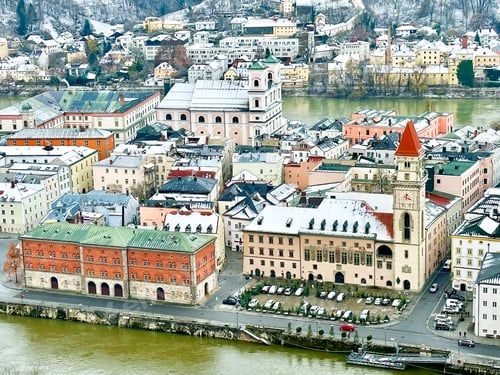 Preview: Aerial View To Colorful Passau Cityscape, Germany, In Winter On Blue Sky Background
