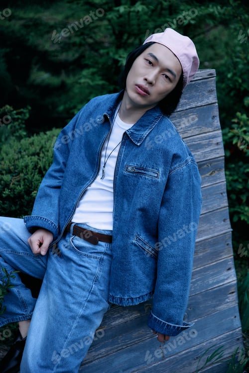 Preview: Young man showcases stylish denim outfit while relaxing in a serene park setting