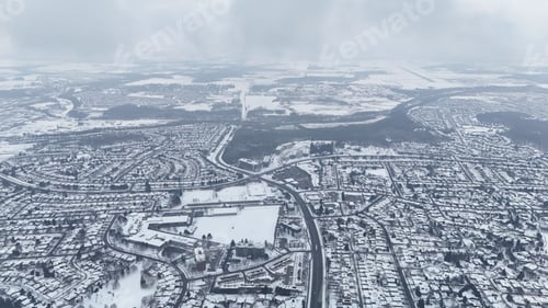 Preview: Aerial view of Kitchener, Ontario, covered in snow during winter