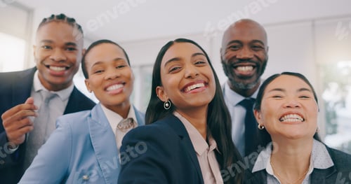 Preview: Happy business people, portrait and selfie for photography, picture or team building together at of