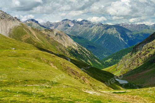 Preview: Mountain landscape along the road to Stelvio pass (Lombardy) at summer