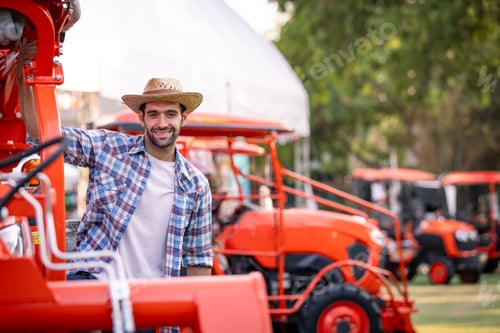 Preview: Smiling Man With Tractor in Rural Outdoor Setting
