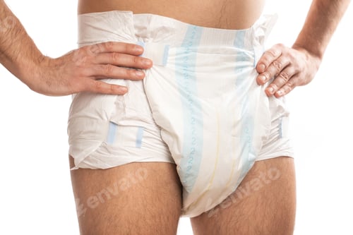 Preview: Woman wearing adult diaper against white background