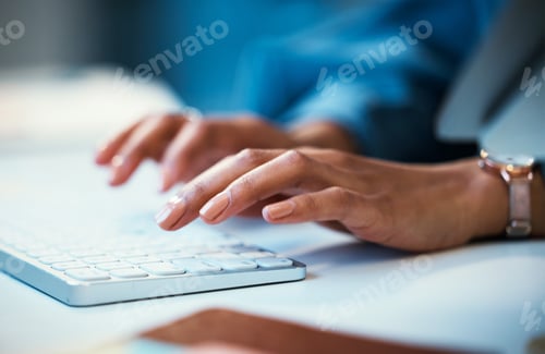 Preview: Keyboard, email marketing and hands of employee typing and working online for company website and d